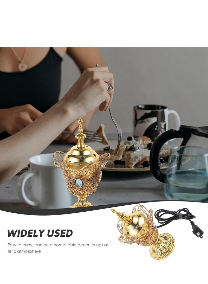 SYOSI موقد بخور كهربائي معدني على طراز شرق أوسطي موزع عطر طاولة لجلسة في المنزل أو المكتب أو اليوغا أو السبا أو العلاج بالروائح أو الزخرفة التأملية - Image 3
