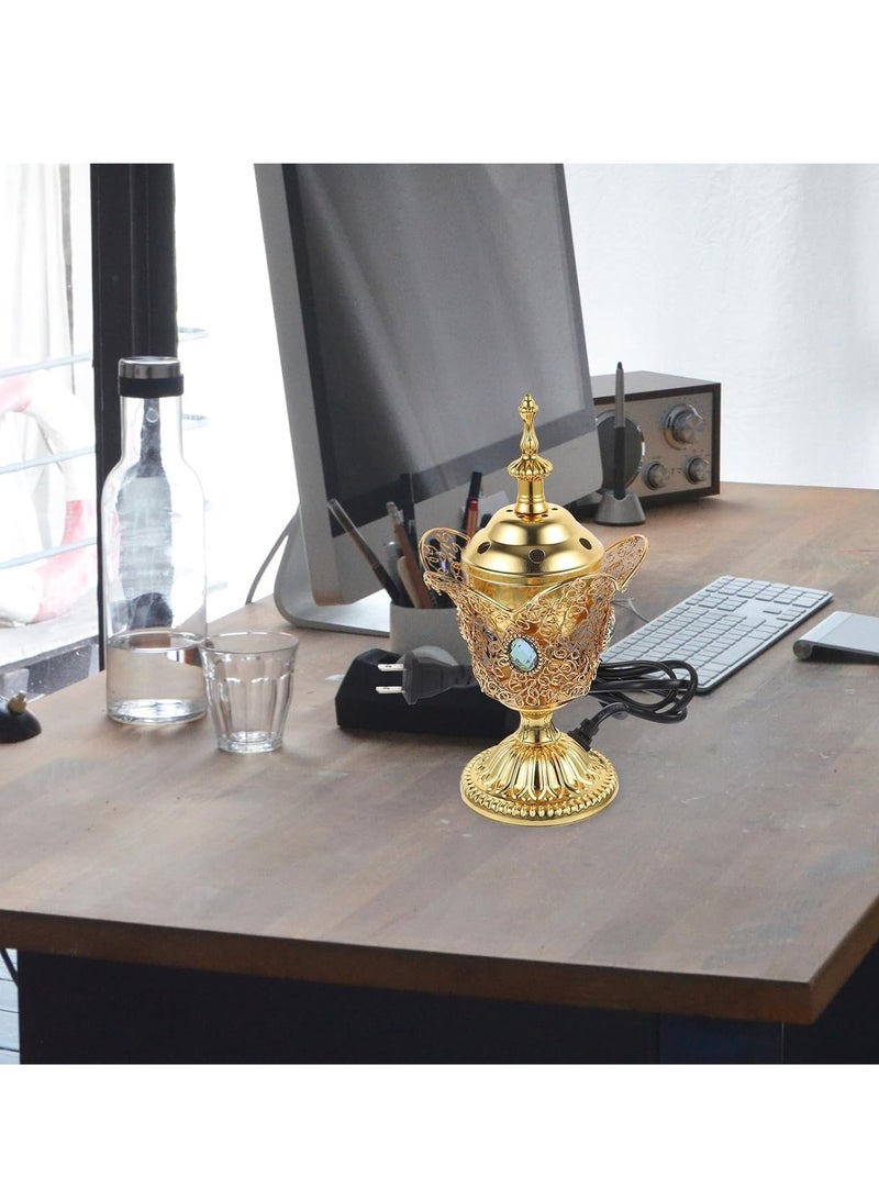 SYOSI موقد بخور كهربائي معدني على طراز شرق أوسطي موزع عطر طاولة لجلسة في المنزل أو المكتب أو اليوغا أو السبا أو العلاج بالروائح أو الزخرفة التأملية - Image 2
