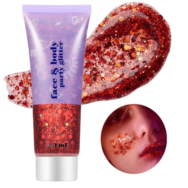 Go Ho Red Face Body Glitter,Singer Concerts Red Face Paint Glitter Makeup,Holographic Chunky Sequins Glitters for Eye Lip Hair Nails,Festival Rave Accessories,52g - Image 1