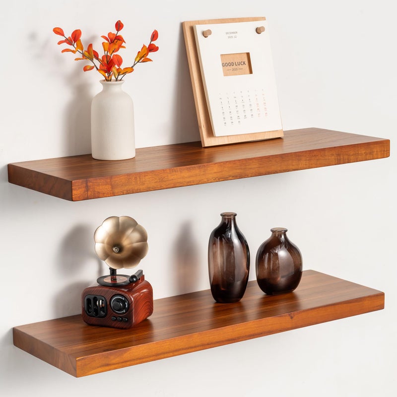 Realgulf Teak Floating Shelves Set of 2-24 Inch Natural Waterproof Wood Wall Shelves with Invisible Brackets for Bathroom, Kitchen, Balcony - Solid Teak Wood Shelving, Water-Resistant Wall Decor - Image 1