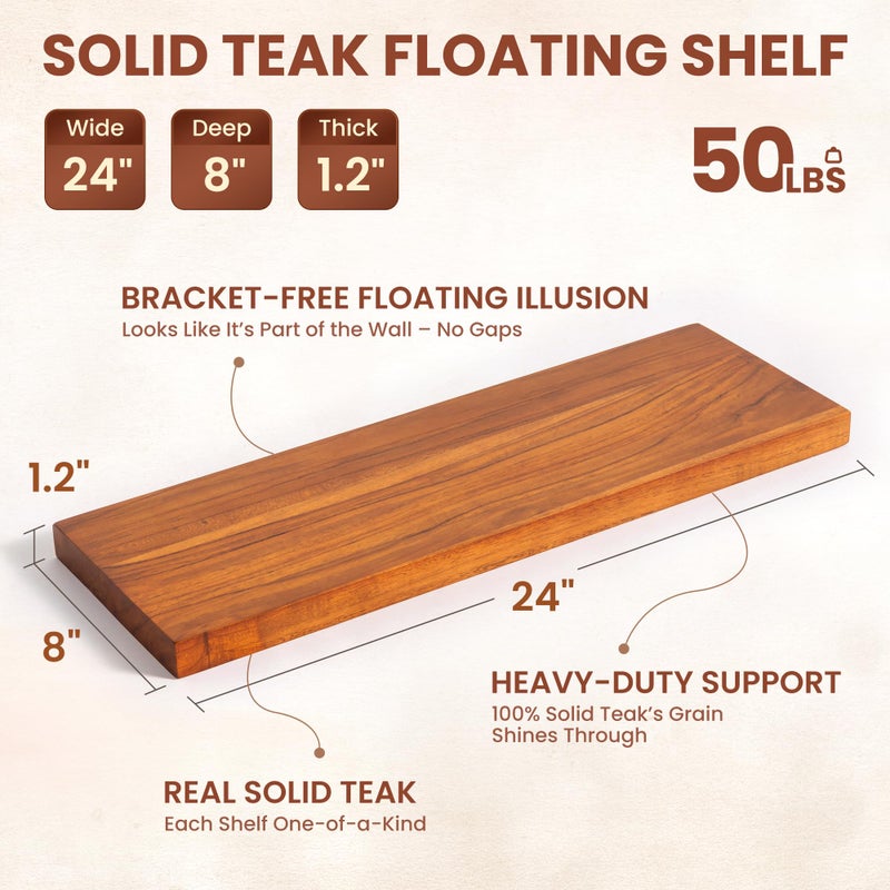 Realgulf Teak Floating Shelves Set of 2-24 Inch Natural Waterproof Wood Wall Shelves with Invisible Brackets for Bathroom, Kitchen, Balcony - Solid Teak Wood Shelving, Water-Resistant Wall Decor - Image 2