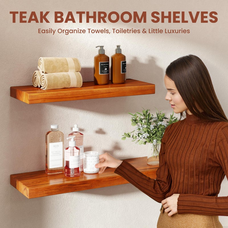 Realgulf Teak Floating Shelves Set of 2-24 Inch Natural Waterproof Wood Wall Shelves with Invisible Brackets for Bathroom, Kitchen, Balcony - Solid Teak Wood Shelving, Water-Resistant Wall Decor - Image 5