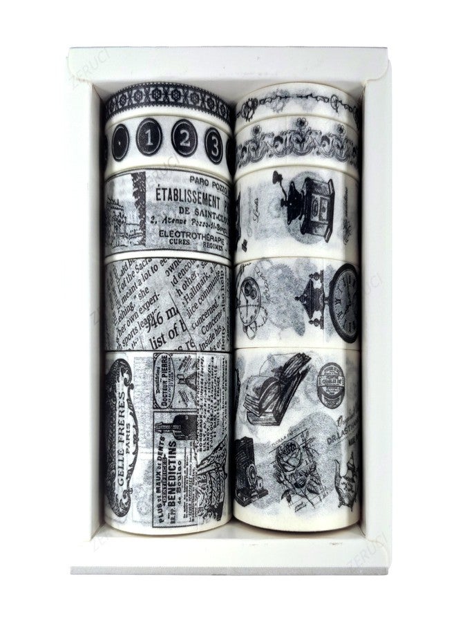 Zeruci 10 Rolls Japanese Washi Tape Set for Aesthetic Arts & Crafts, BUJO Journals, Scrapbooking, DIY Planners | 2 Meter Washi Rolls 5mm, 8mm, 15mm and 30mm Wide | 20th Century Black and White Theme - Image 1