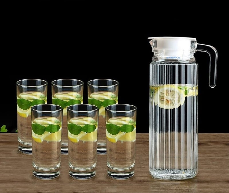 SYANKA Premium Juice and Water Glasses Set of 6 and Jug Set Combo - Glasses 270ML, Jug 1-Liter, Water Glasses and Jug Set for Dining Table (Transparent) - Image 1