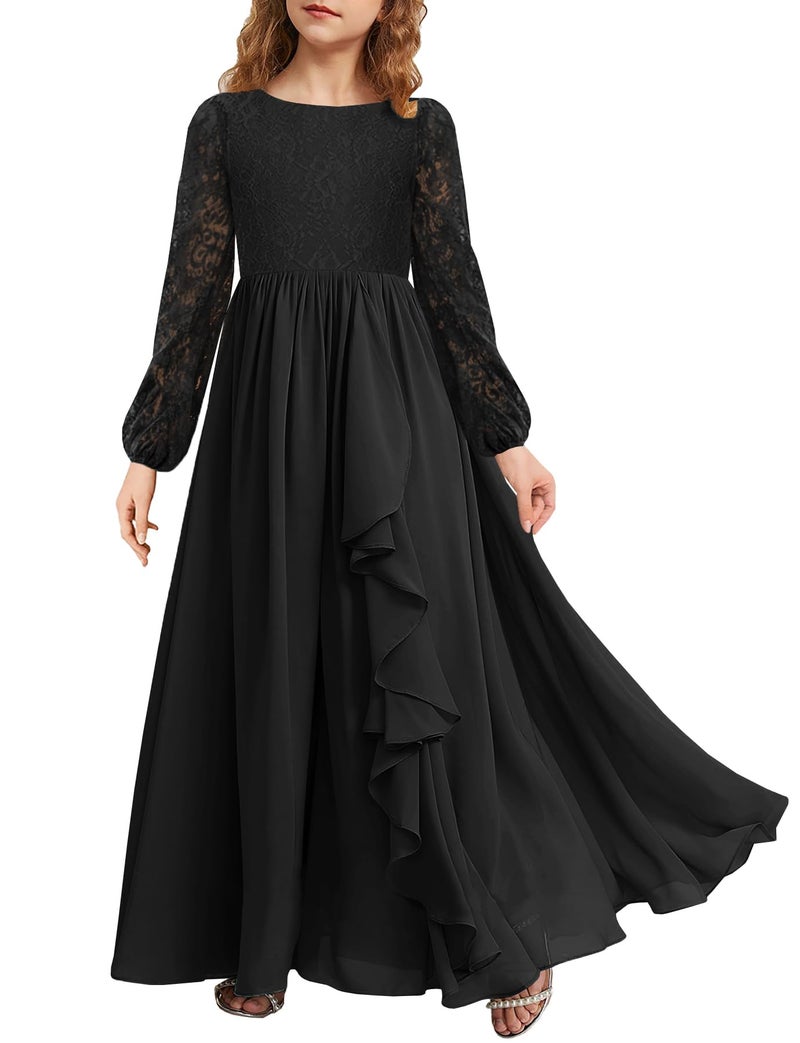 MITILLY Girls Fall Long Sleeve Maxi Dress Lace A-Line Ruffle Chiffon Semi Formal Wedding Halloween Funeral Long Dresses 6 Years Black - Image 1