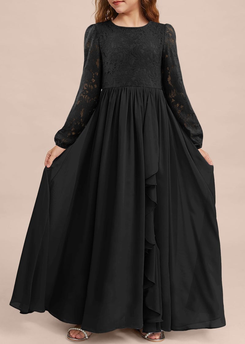 MITILLY Girls Fall Long Sleeve Maxi Dress Lace A-Line Ruffle Chiffon Semi Formal Wedding Halloween Funeral Long Dresses 6 Years Black - Image 4