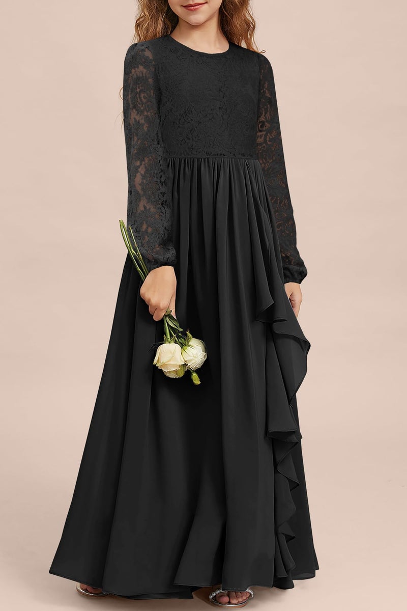 MITILLY Girls Fall Long Sleeve Maxi Dress Lace A-Line Ruffle Chiffon Semi Formal Wedding Halloween Funeral Long Dresses 6 Years Black - Image 2