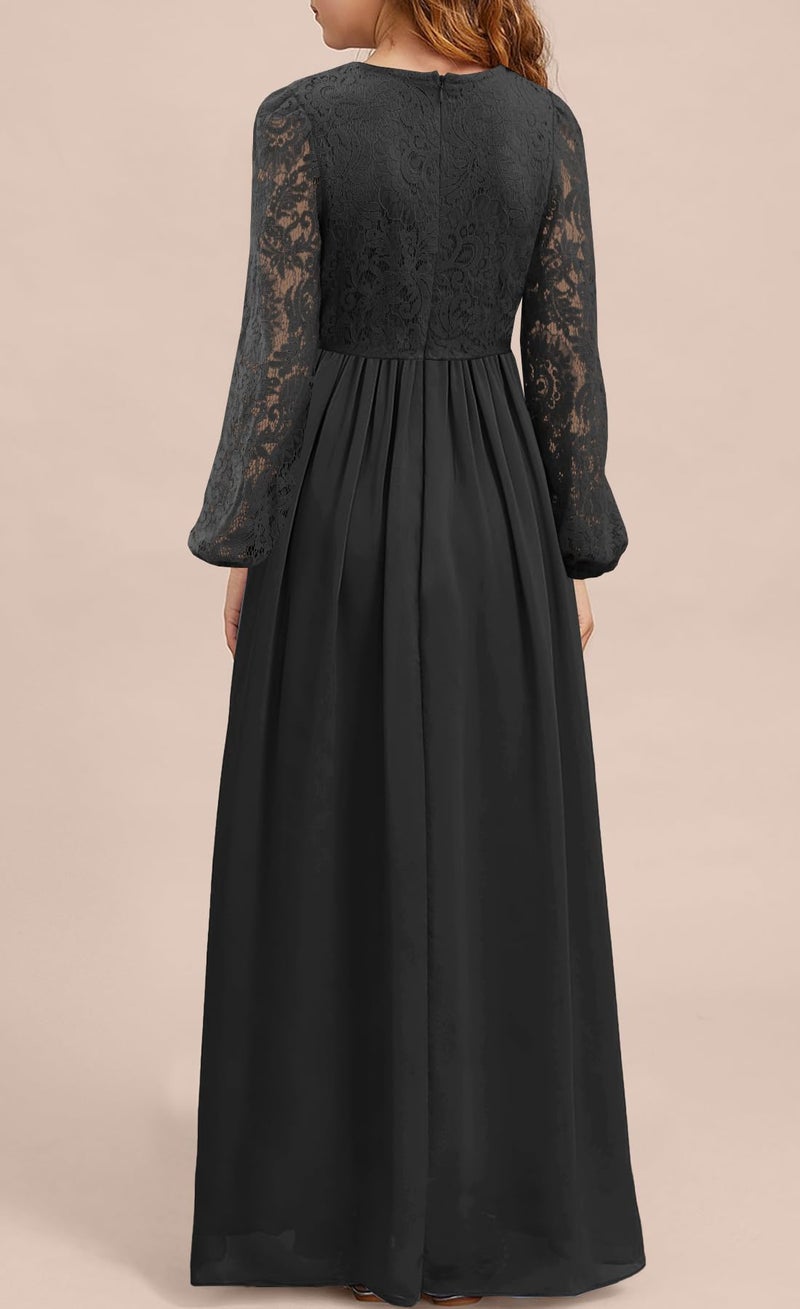 MITILLY Girls Fall Long Sleeve Maxi Dress Lace A-Line Ruffle Chiffon Semi Formal Wedding Halloween Funeral Long Dresses 6 Years Black - Image 3