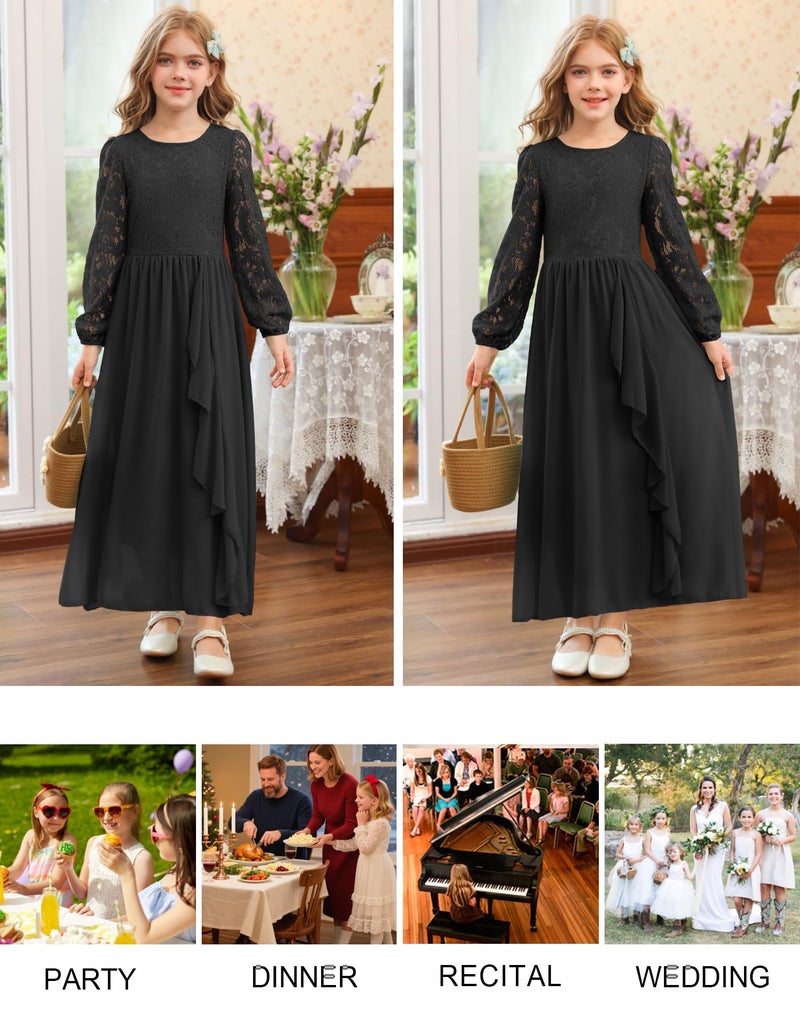 MITILLY Girls Fall Long Sleeve Maxi Dress Lace A-Line Ruffle Chiffon Semi Formal Wedding Halloween Funeral Long Dresses 6 Years Black - Image 5