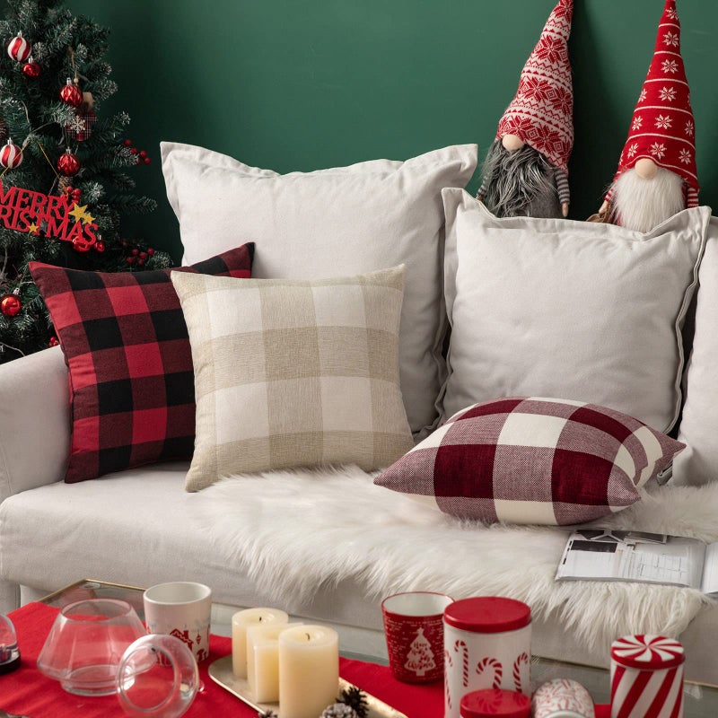 MIULEE Pack of 2 Farmhouse Buffalo Check Plaids Polyester Linen Soft Soild Decorative Square Throw Pillow Covers Outdoor Home Decor Cushion Case for Sofa Bedroom 18x18 Inch Cream White and White - Image 2