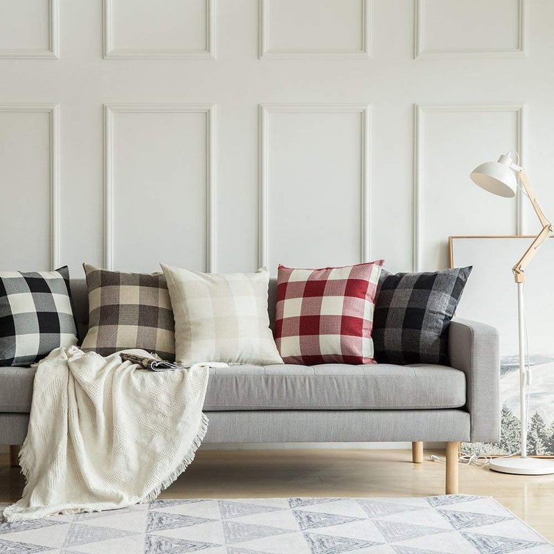 MIULEE Pack of 2 Farmhouse Buffalo Check Plaids Polyester Linen Soft Soild Decorative Square Throw Pillow Covers Outdoor Home Decor Cushion Case for Sofa Bedroom 18x18 Inch Cream White and White - Image 4
