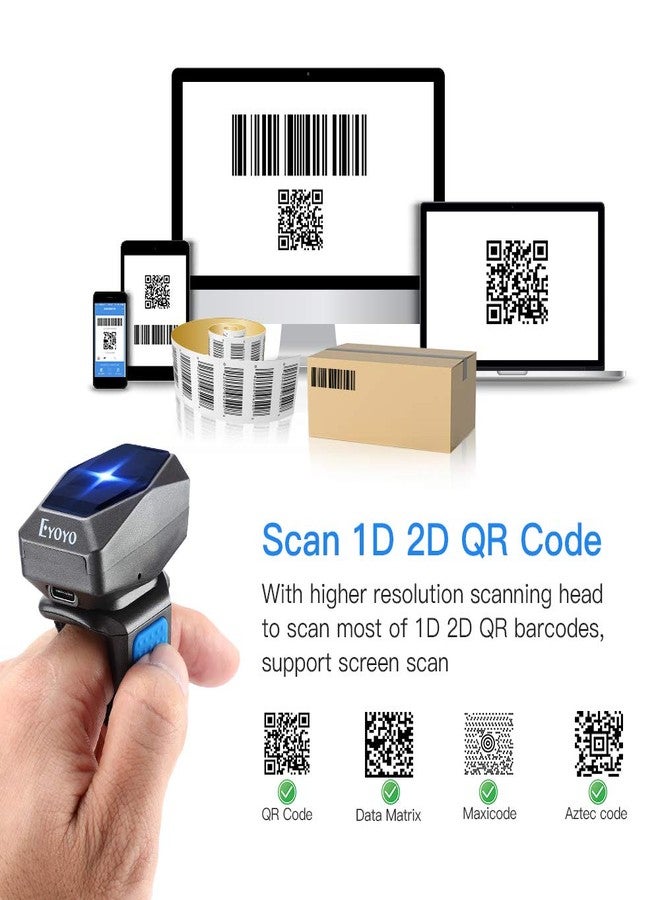 Eyoyo Upgraded 2D Ring Barcode Scanner, USB Wired & 2.4G Wireless & Bluetooth Mini Wearable Barcode Scanner, 1D 2D QR Barcode Reader PDF417 Data Matrix Compatible with iPhone, Andriod, Tablet, PC - Image 4