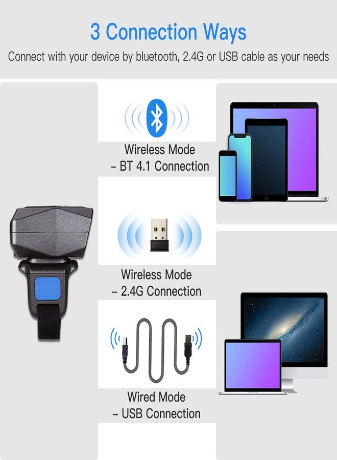 Eyoyo Upgraded 2D Ring Barcode Scanner, USB Wired & 2.4G Wireless & Bluetooth Mini Wearable Barcode Scanner, 1D 2D QR Barcode Reader PDF417 Data Matrix Compatible with iPhone, Andriod, Tablet, PC - Image 3