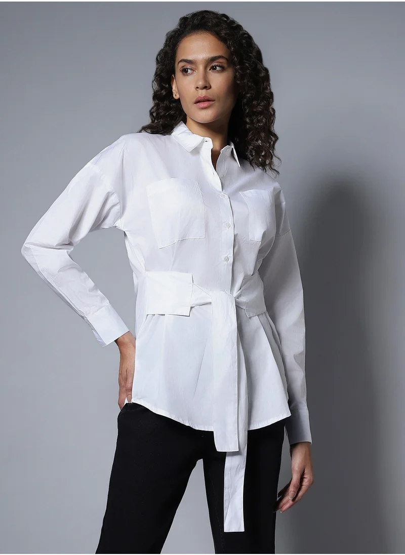 HIGH STAR White Boxy Longline Solid Shirt for Women