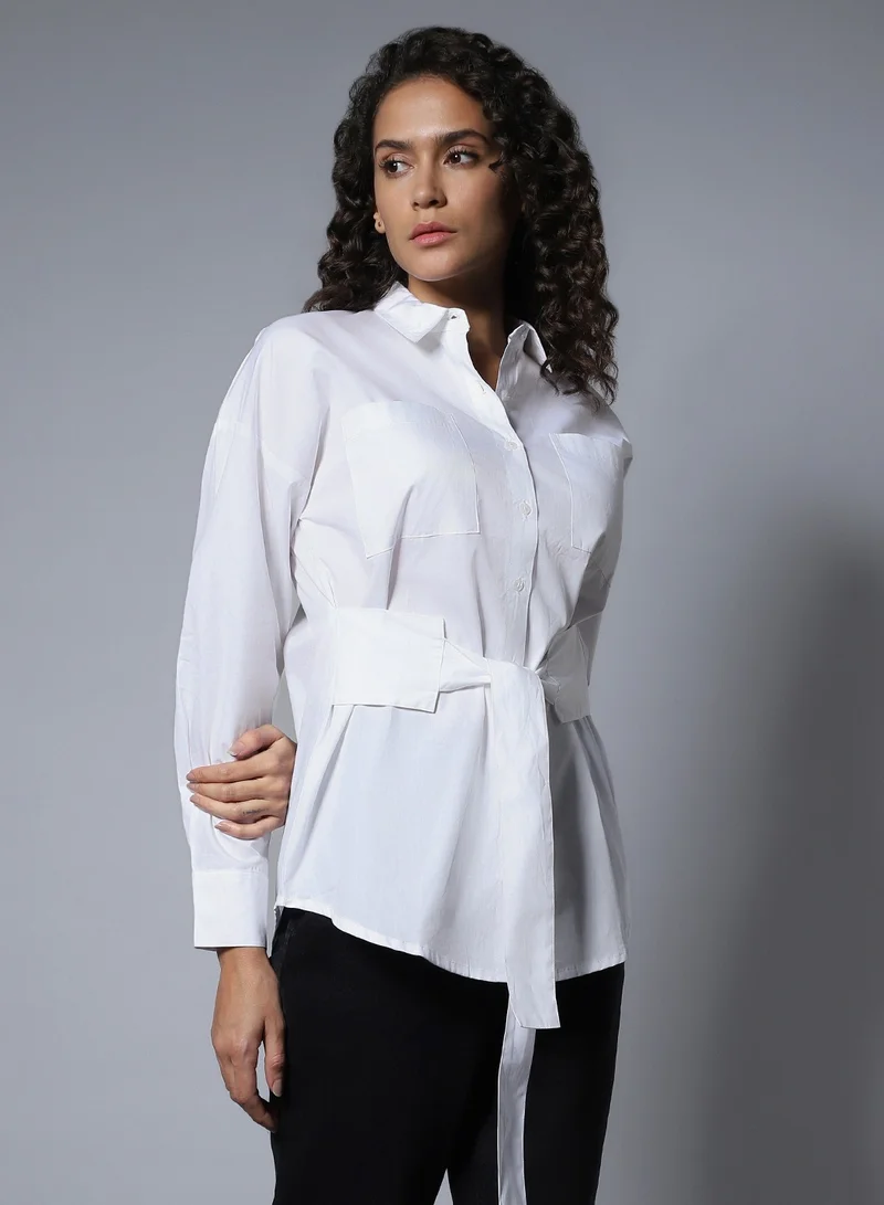 هاي ستار White Boxy Longline Solid Shirt for Women