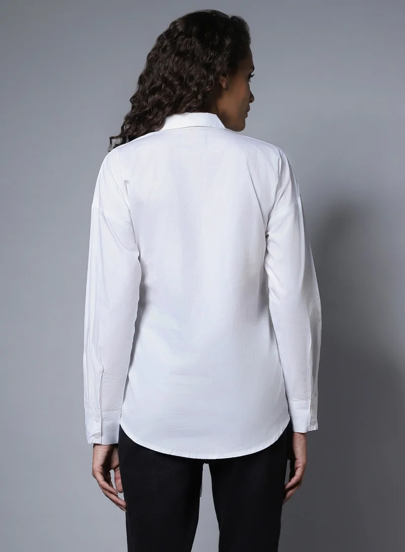 هاي ستار White Boxy Longline Solid Shirt for Women