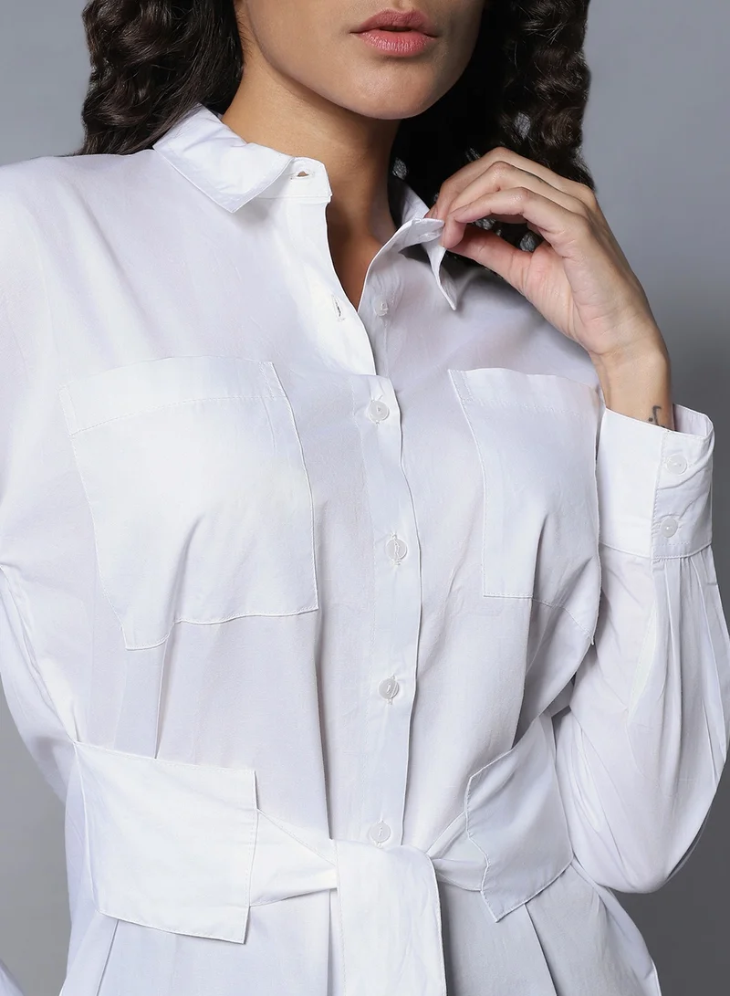 هاي ستار White Boxy Longline Solid Shirt for Women