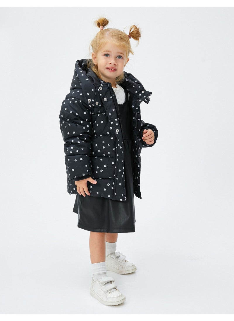 KOTON Hooded Puffer Jacket Polka Dot Zippered Wind Flap  - Image 1