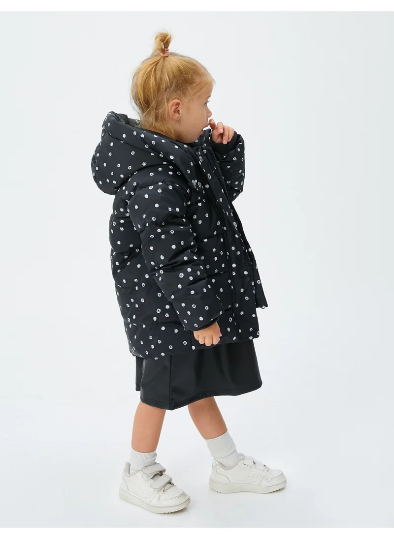 KOTON Hooded Puffer Jacket Polka Dot Zippered Wind Flap