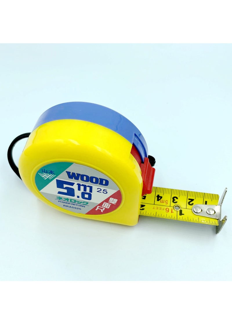 wood 5 Meter Measuring Tape - Plastic Round Case, White Blade, Double-Sided Printing, Durable Metal Tape  - Image 3