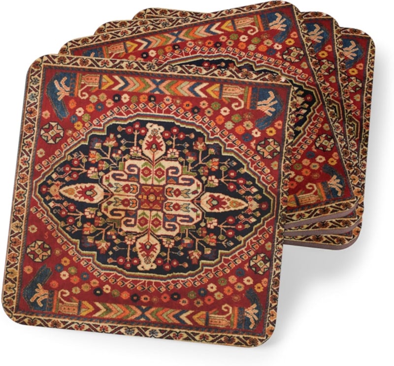 Four Pieces Ramadan Persian Pattern Wooden Coasters, Traditional Persian Rug Wooden Coasters - Bohemian Tribal Carpet Design, Heat-Resistant & Durable - Set of 4 - Coaster-56