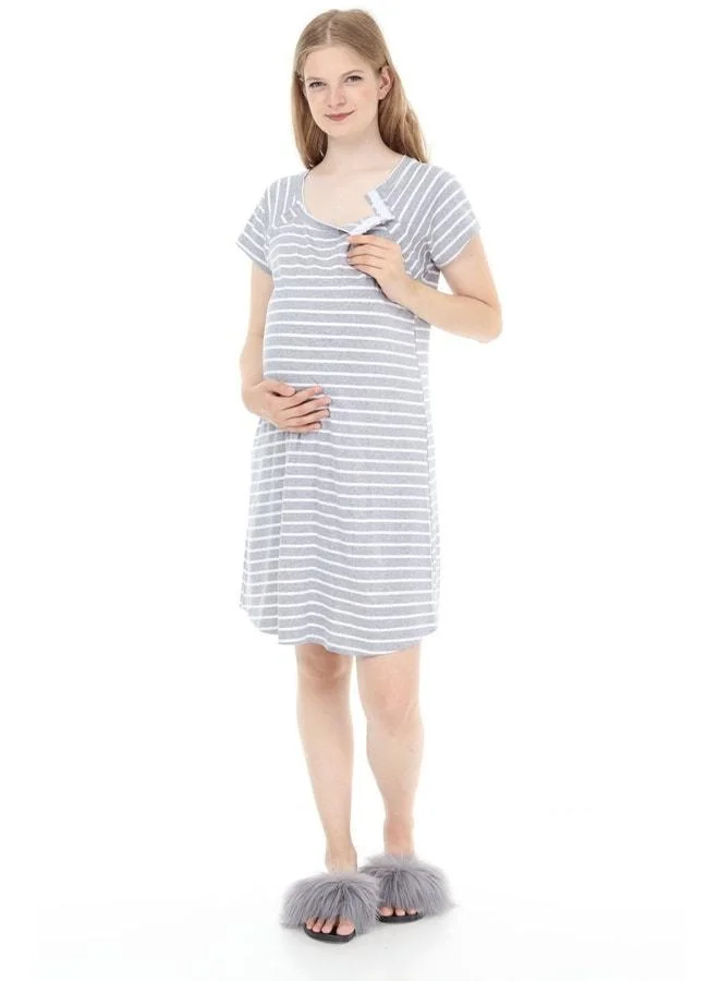 LuvmaBelly Myra9580 Side Zipper Maternity Nightgown - Grey Striped.