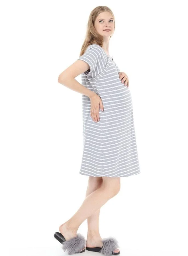 LuvmaBelly Myra9580 Side Zipper Maternity Nightgown - Grey Striped.