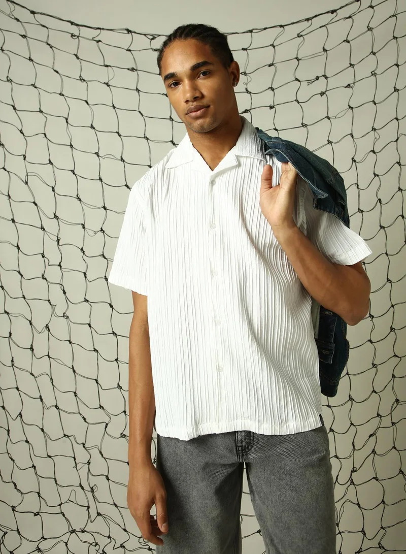 هوبرهولمي Men's White 100% Polyester Solid Button Down Oversized Shirt