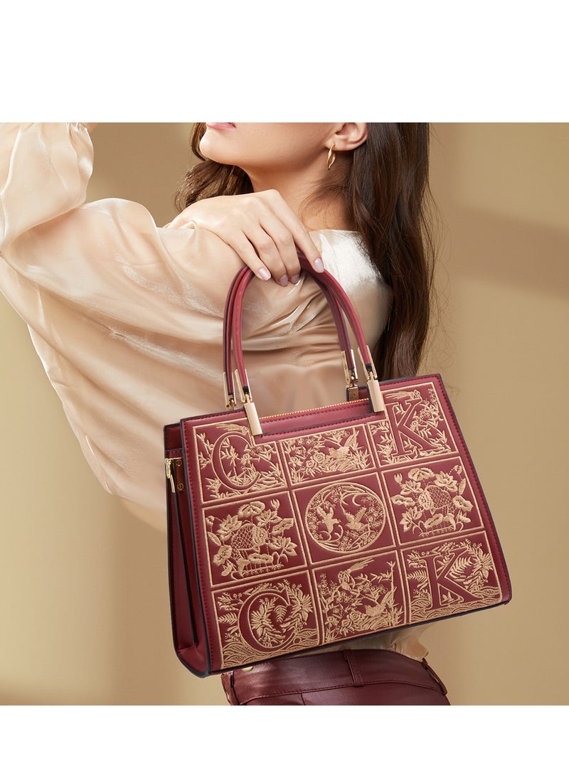 SYOSI Leather Satchel Handbag for Women -Stylish Vintage Tote Shoulder Bag with Embroidery, Top Handle, and Crossbody Option  - Image 3