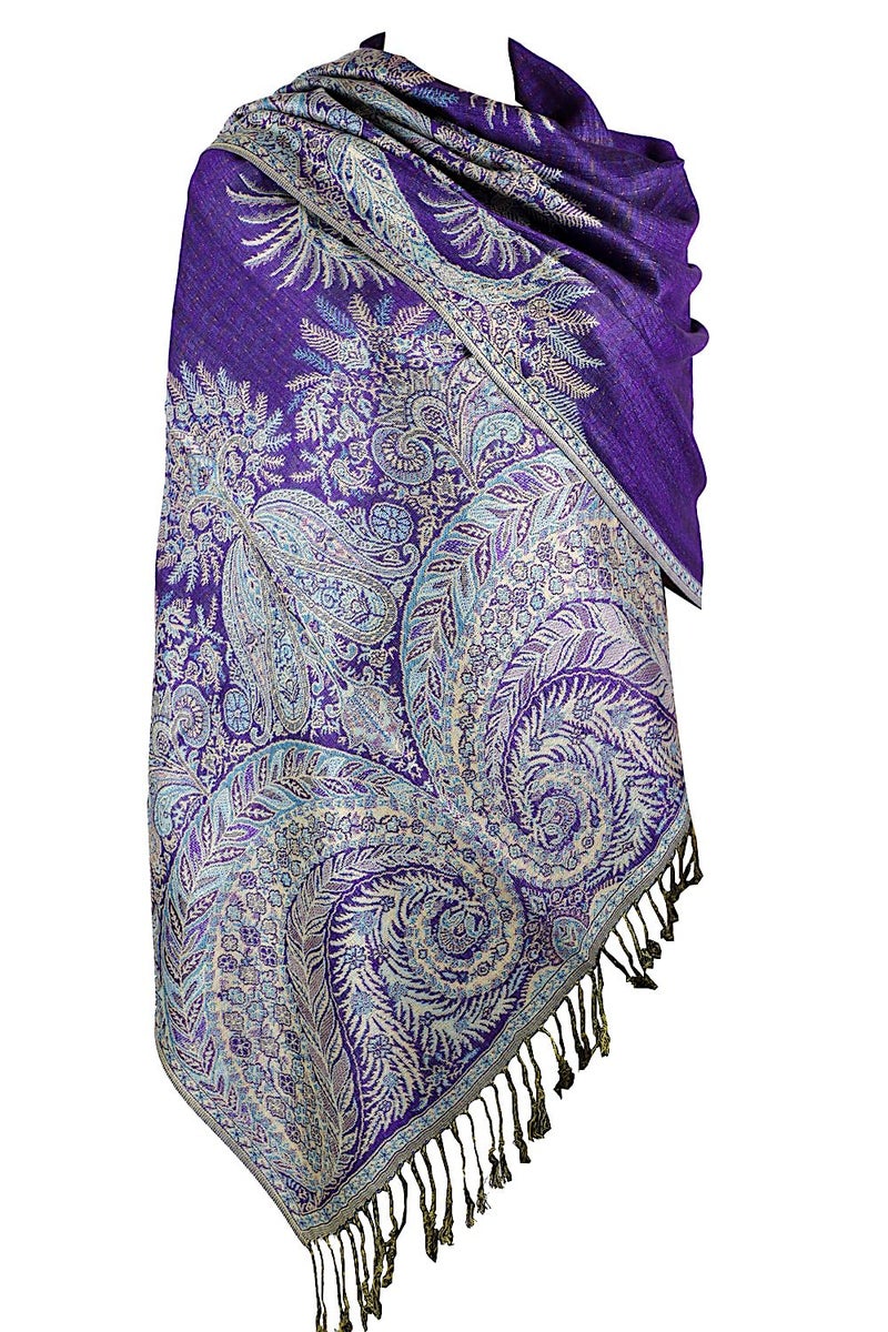 Achillea Luxurious Double Layered Jacquard Big Paisley Pashmina Shawl Wrap Scarf (Purple) - Image 5