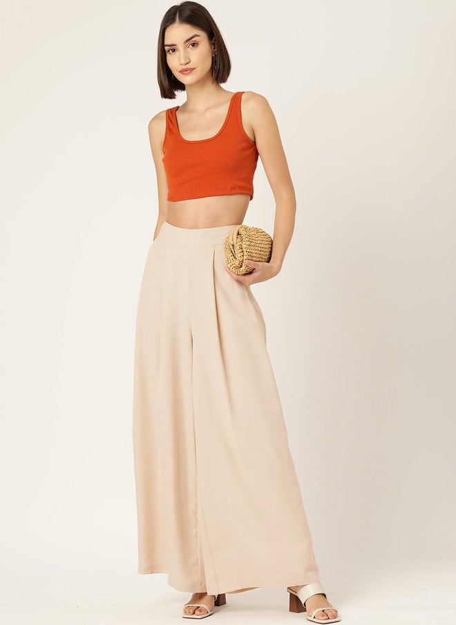 Rue Collection Beige High-Rise Loose Fit Trousers for Women - Image 4