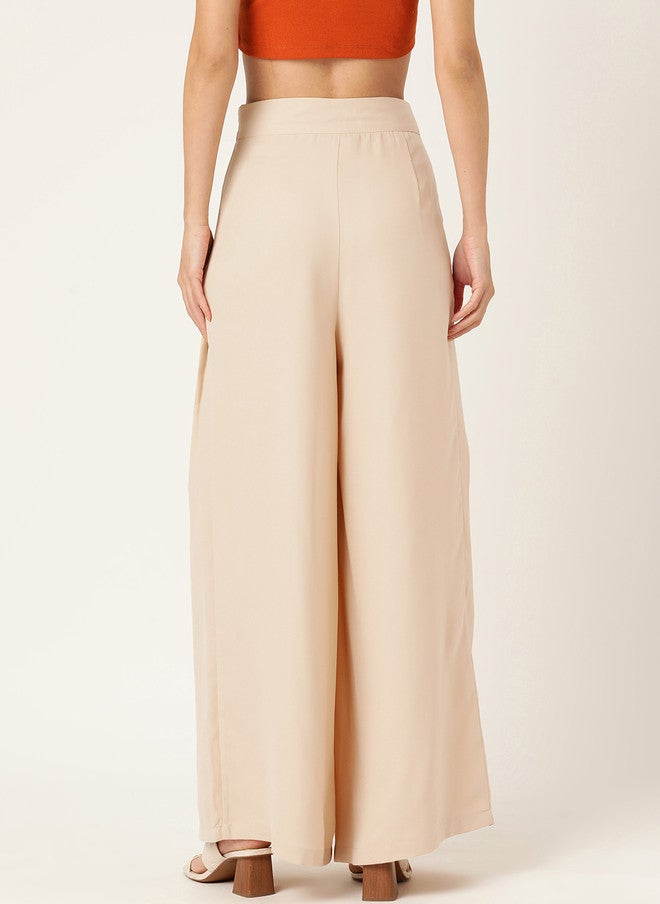 Rue Collection Beige High-Rise Loose Fit Trousers for Women - Image 3
