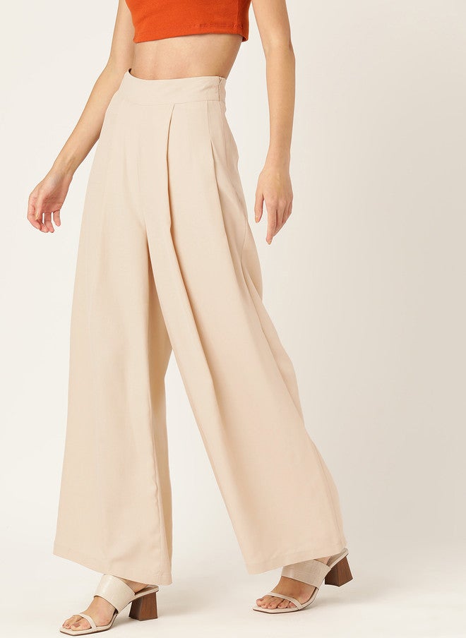 Rue Collection Beige High-Rise Loose Fit Trousers for Women - Image 2