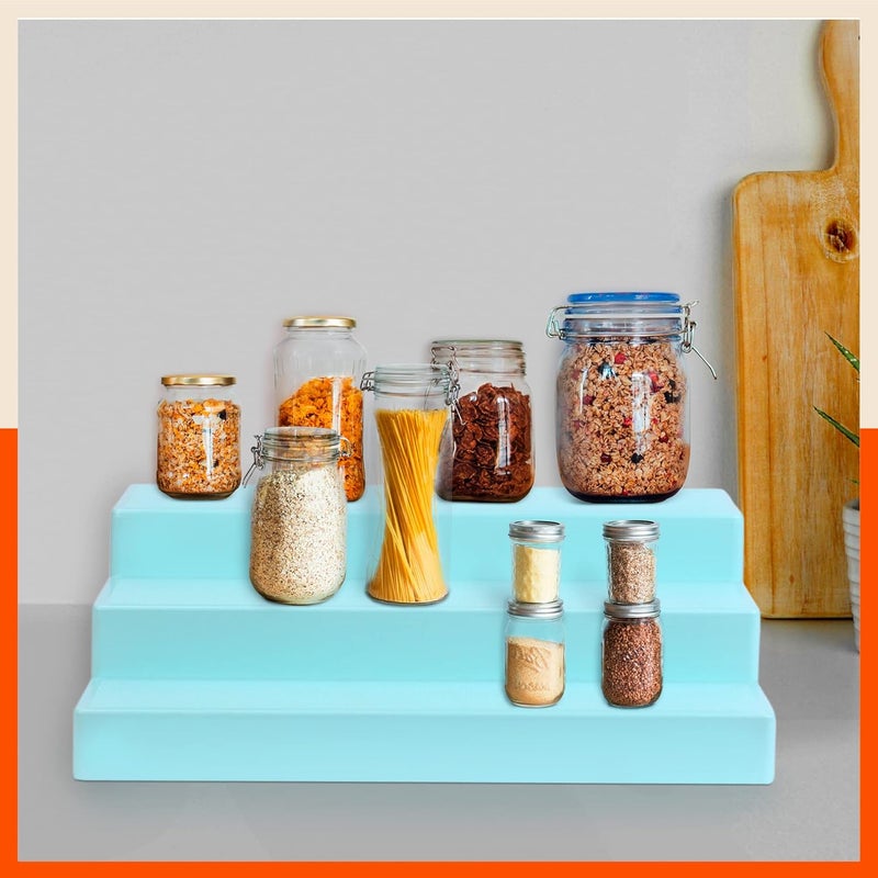 Bathla Plastic Shelf Organizer - (Set of 2) Multi-Purpose Display Cabinet for Kitchen, Home & Office | 3 Wide Steps | Spice Rack Stand | Make Up & Cosmetic Organiser | Non Skid | Baby Blue - Image 4