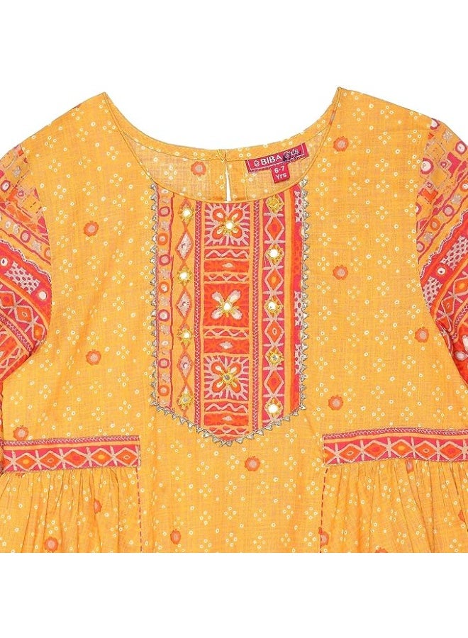 BIBA Girl Cotton Gathered Printed KURTA WITH PANT AND DUPATTA 6TO 7 Y - Image 3