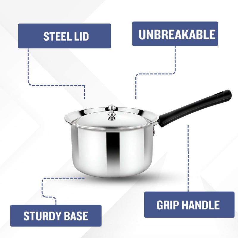 Prabha Heavy Gauge Encapsulated Base Stainless Steel Induction Base Virgo Saucepan, Sauce Pan, Cookware Pan with Steel Lid, Capacity 2.0 L, Size 18 cm - Image 2