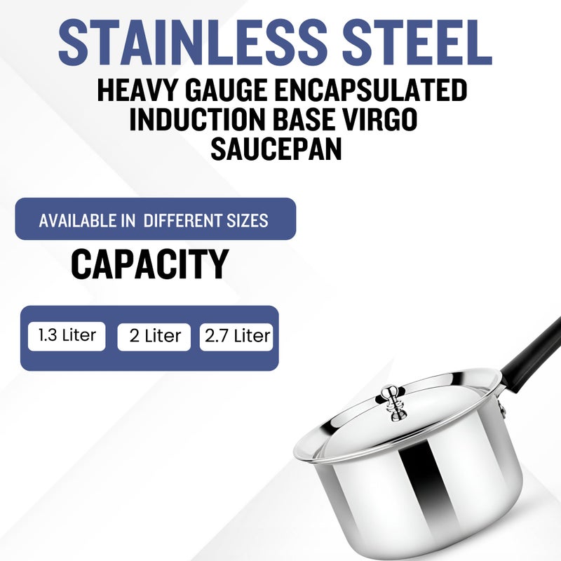 Prabha Heavy Gauge Encapsulated Base Stainless Steel Induction Base Virgo Saucepan, Sauce Pan, Cookware Pan with Steel Lid, Capacity 2.0 L, Size 18 cm - Image 3