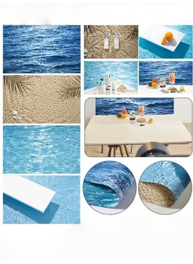 MIXDE 2Pcs Double Sided Photography Background, 4 Patterns Blue Sea Water Ripple Waterproof Paper,Tabletop Backdrop for Food Jewelry Cosmetics Makeup Photo Shoot - Image 1