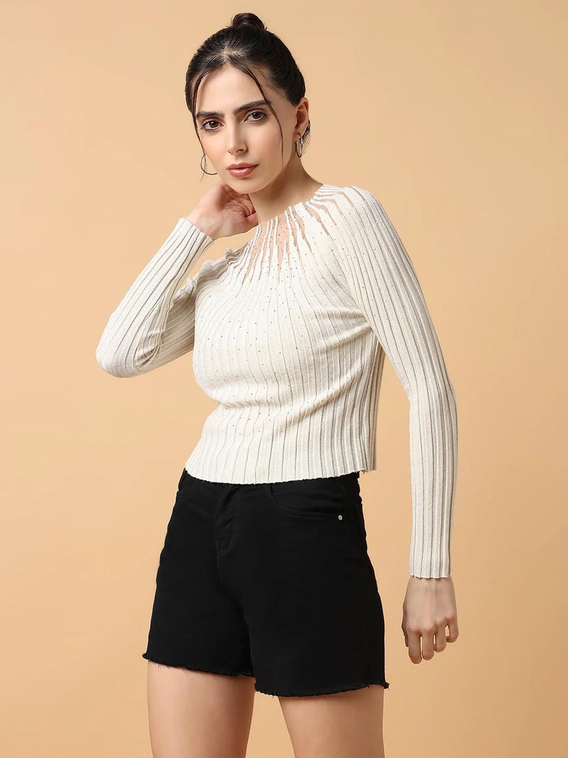 ICW Women Knitted Rhinestone Embellised Daimond Studded Mesh Round Neck Long Sleeve Crop Top T-Shirt 206 (X-Small, Off-White) - Image 5