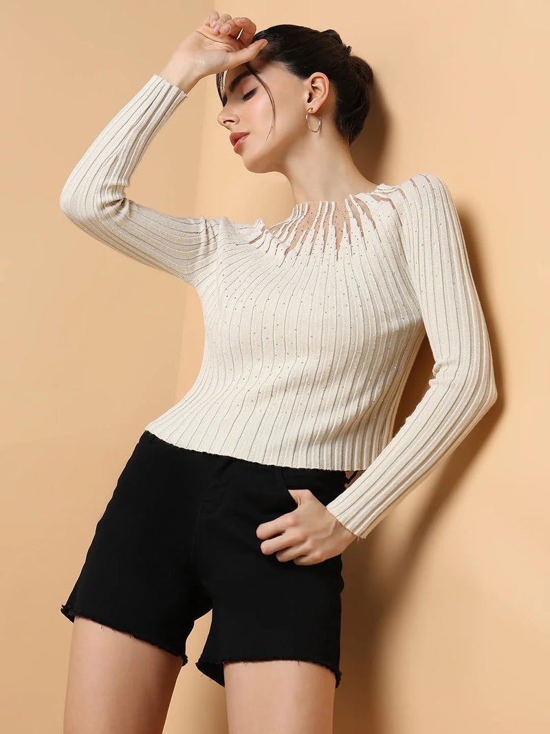 ICW Women Knitted Rhinestone Embellised Daimond Studded Mesh Round Neck Long Sleeve Crop Top T-Shirt 206 (X-Small, Off-White) - Image 3