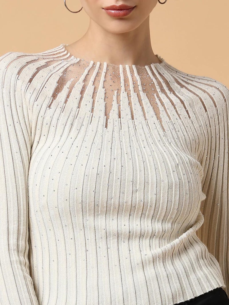 ICW Women Knitted Rhinestone Embellised Daimond Studded Mesh Round Neck Long Sleeve Crop Top T-Shirt 206 (X-Small, Off-White) - Image 2