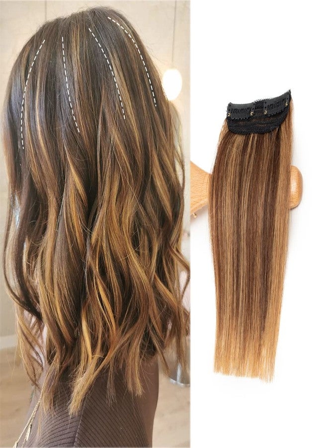 FEIPRO Real Remy Human Hair Clip in Hair Extensions Short Straight Thick Double Weft One Piece for Thinning Hair Invisible Hairpin Increase Women Hair Volume 8" #P4/27 Medium Brown/Dark Blonde - Image 1