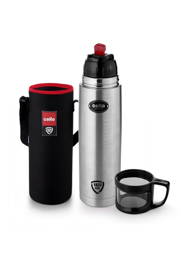 Cello Cello Instyle Thermosteel Water Bottle with Jacket, 1000ml, Black | 24 Hours Hot and Cold | Flask for Tea Coffee | Rust & Leak Proof | Ideal for Office, Gym, Home, Kitchen, Trekking, Travel Bottle 