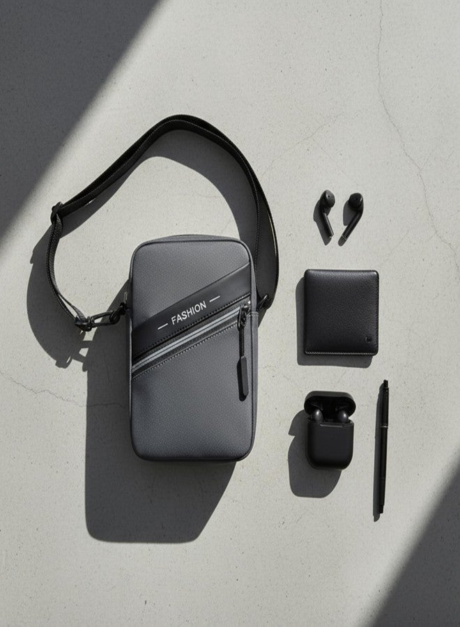 POPCUBE PU Leather Small Crossbody Sling Bag for Men & Women | Travel Passport Pouch with 4 Zipper Compartments, Open Receipt Pocket & Adjustable Detachable Strap | 18cm x 6cm x 19cm (Grey) - Image 4