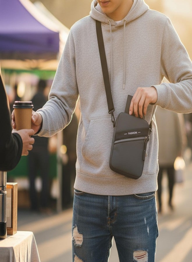 POPCUBE PU Leather Small Crossbody Sling Bag for Men & Women | Travel Passport Pouch with 4 Zipper Compartments, Open Receipt Pocket & Adjustable Detachable Strap | 18cm x 6cm x 19cm (Grey) - Image 5