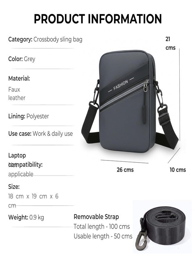 POPCUBE PU Leather Small Crossbody Sling Bag for Men & Women | Travel Passport Pouch with 4 Zipper Compartments, Open Receipt Pocket & Adjustable Detachable Strap | 18cm x 6cm x 19cm (Grey) - Image 2