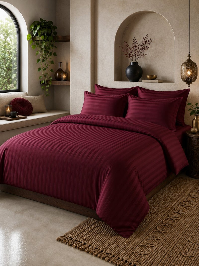 Aristocrat 6-Piece Stripe Microfiber Duvet Cover Set | Single | Includes 1 Duvet Cover (160x220cm), 1 Deep Pocket Fitted Sheet (120x200+30cm) & 4 Pillowcases (53x75+15cm) | Ultra Soft, Breathable & Wrinkle Resistant-maroon - Image 1