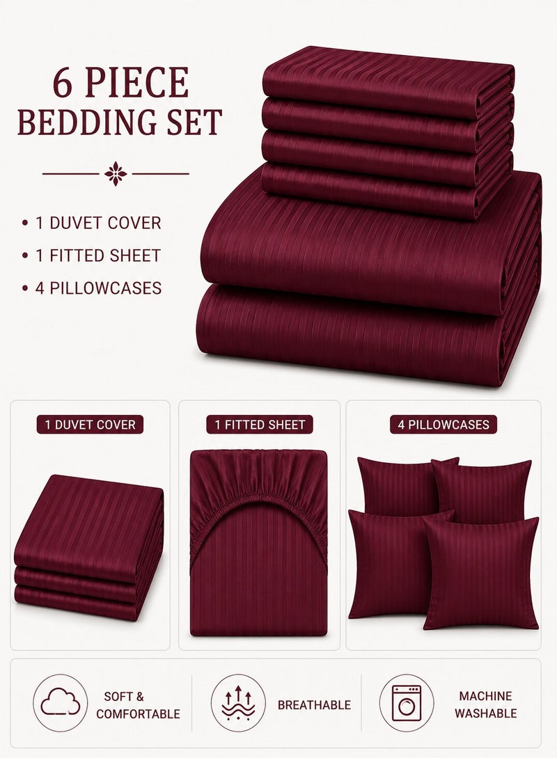 Aristocrat 6-Piece Stripe Microfiber Duvet Cover Set | Single | Includes 1 Duvet Cover (160x220cm), 1 Deep Pocket Fitted Sheet (120x200+30cm) & 4 Pillowcases (53x75+15cm) | Ultra Soft, Breathable & Wrinkle Resistant-maroon - Image 2