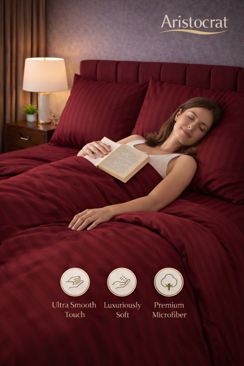 Aristocrat 6-Piece Stripe Microfiber Duvet Cover Set | Single | Includes 1 Duvet Cover (160x220cm), 1 Deep Pocket Fitted Sheet (120x200+30cm) & 4 Pillowcases (53x75+15cm) | Ultra Soft, Breathable & Wrinkle Resistant-maroon - Image 4