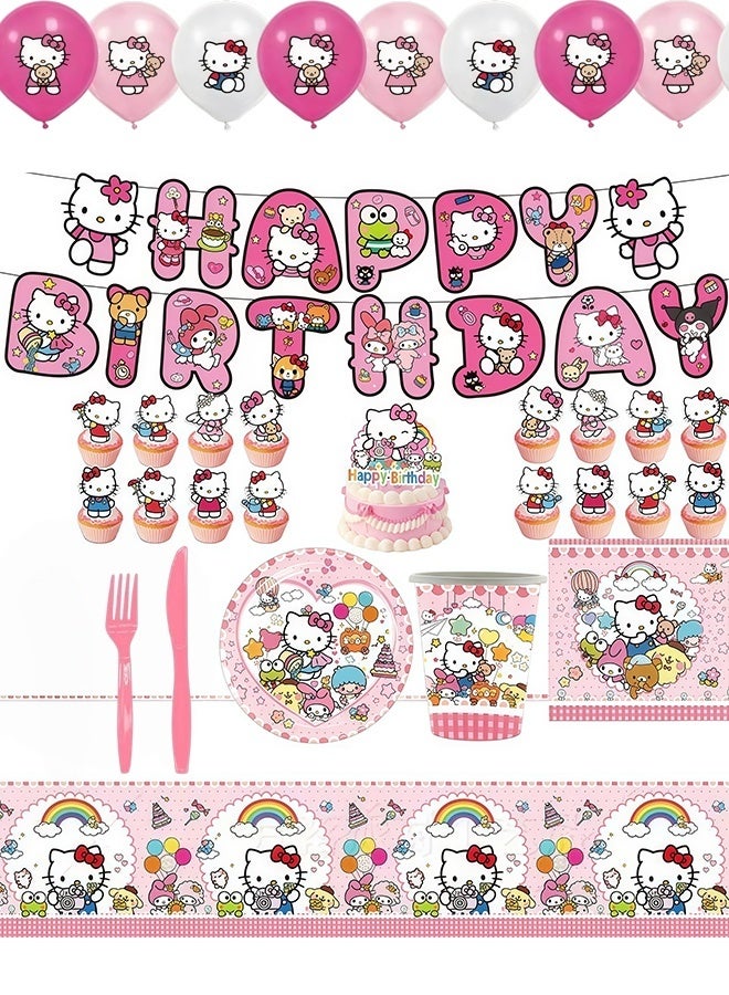 Hello Kitty 79Pcs Sanrio Characters Birthday Party Supplies Set for 10 Guests,Hello Kitty and Friends Pink Theme Decorations with Tableware Plates Cups Napkins Banner Cake Toppers Balloons Tablecloth for Kids Birthday Baby Shower - Image 1